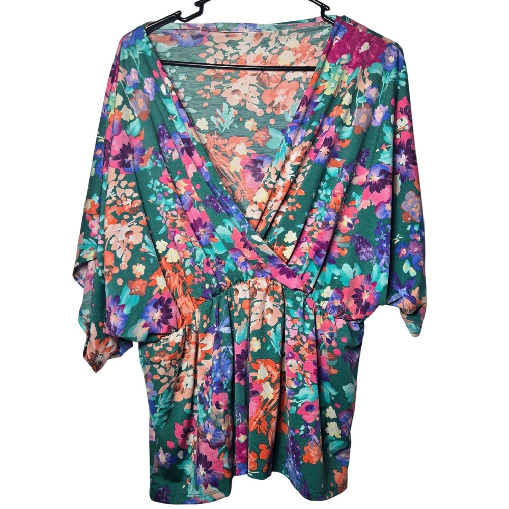 BOMBOM Floral Surplice Wrap Top Large Boho Summer Stretch Cottage Whimsical
